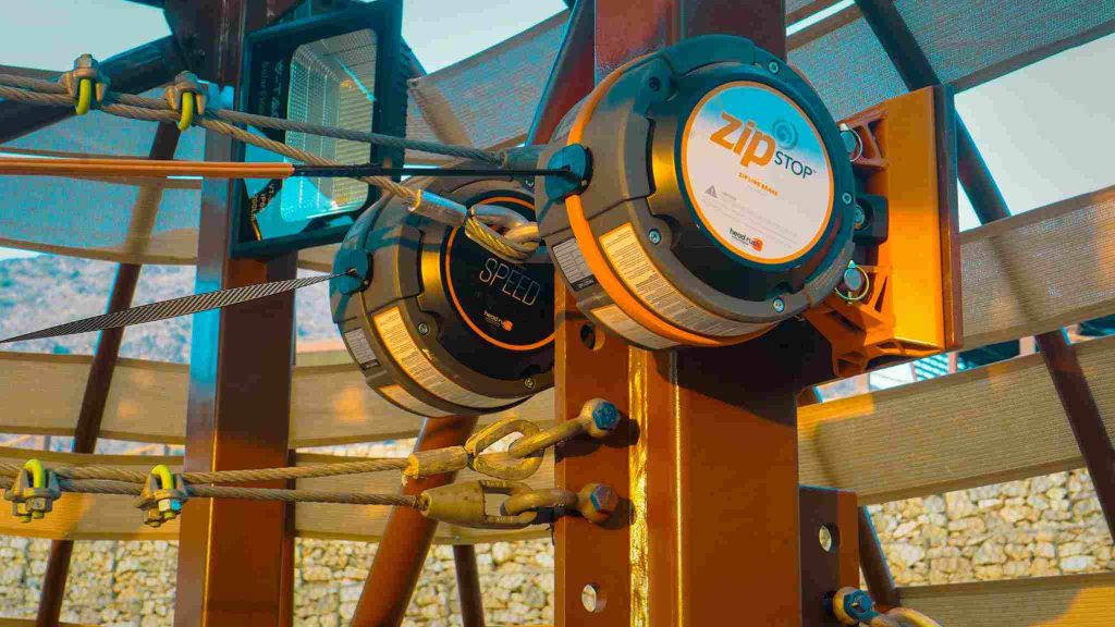 Headrush ZipSTOP braking system installed at an adventure park ensuring safe and smooth zipline landings for thrill-seekers.